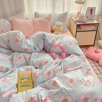 Pink floral lace cotton comforter set bedroom cozy cartoon printed