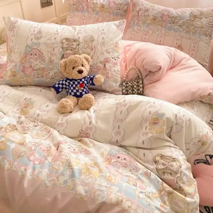 Pink floral lace cotton comforter set bedroom cozy cartoon printed