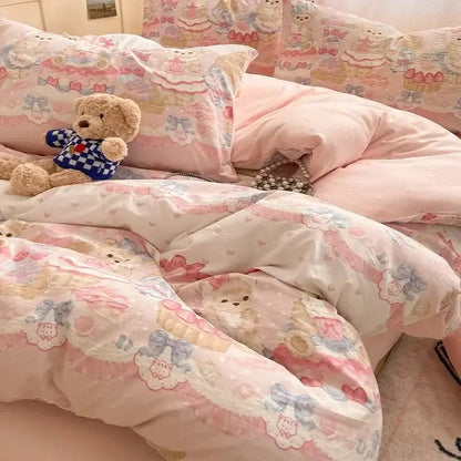 Pink floral lace cotton comforter set bedroom cozy cartoon printed