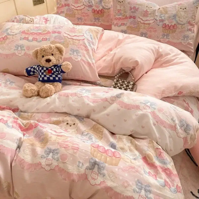 Pink floral lace cotton comforter set bedroom cozy cartoon printed