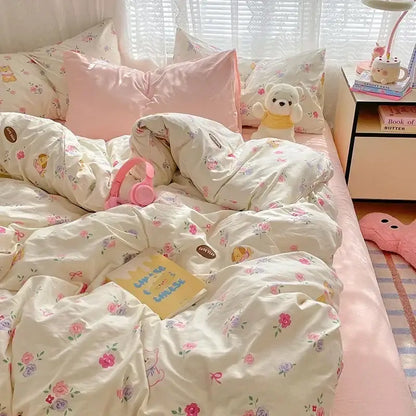 Pink floral lace cotton comforter set bedroom cozy cartoon printed