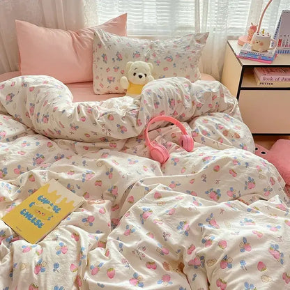 Pink floral lace cotton comforter set bedroom cozy cartoon printed