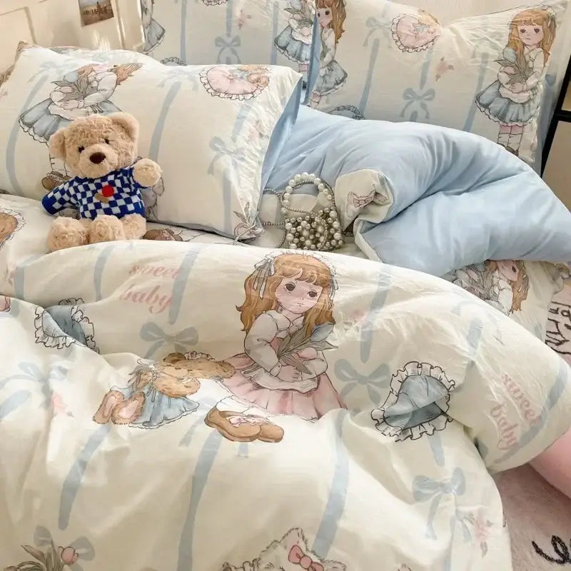 Pink floral lace cotton comforter set bedroom cozy cartoon printed