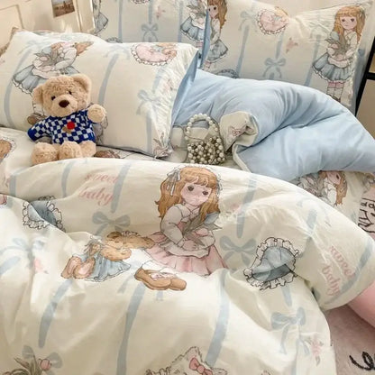 Pink floral lace cotton comforter set bedroom cozy cartoon printed