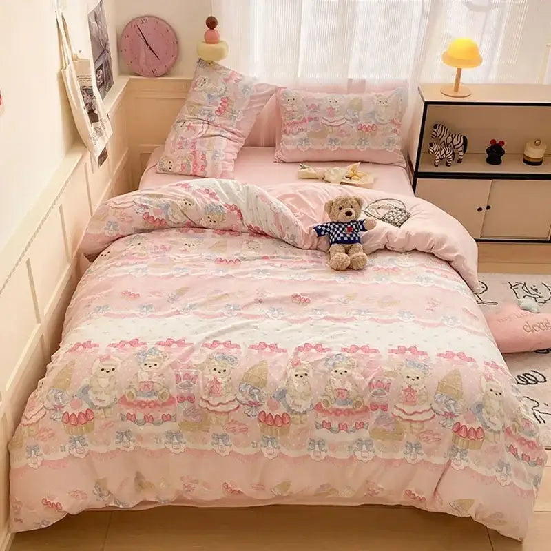 Pink floral lace cotton comforter set bedroom cozy cartoon printed