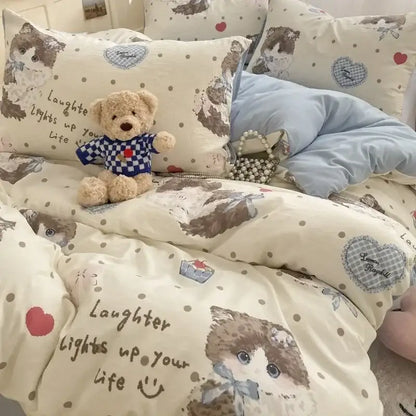 Pink floral lace cotton comforter set bedroom cozy cartoon printed