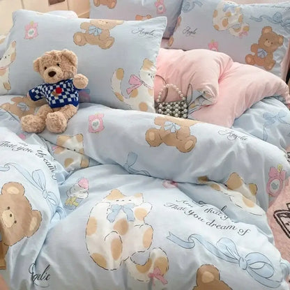 Pink floral lace cotton comforter set bedroom cozy cartoon printed