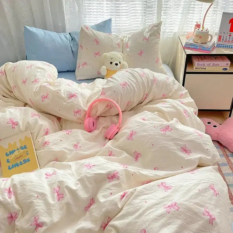 Pink floral lace cotton comforter set bedroom cozy cartoon printed