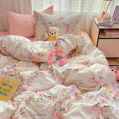 Pink floral lace cotton comforter set bedroom cozy cartoon printed