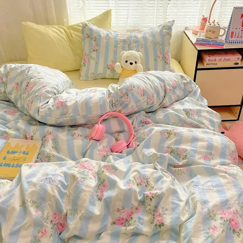 Pink floral lace cotton comforter set bedroom cozy cartoon printed