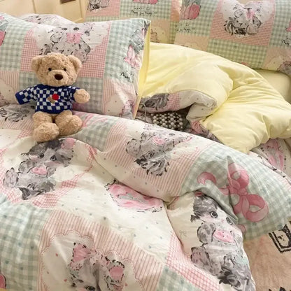 Pink floral lace cotton comforter set bedroom cozy cartoon printed