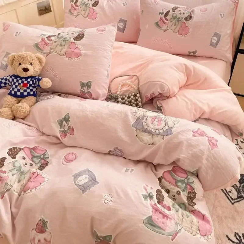 Pink floral lace cotton comforter set bedroom cozy cartoon printed