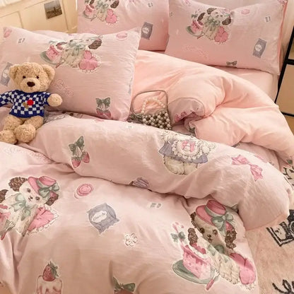 Pink floral lace cotton comforter set bedroom cozy cartoon printed