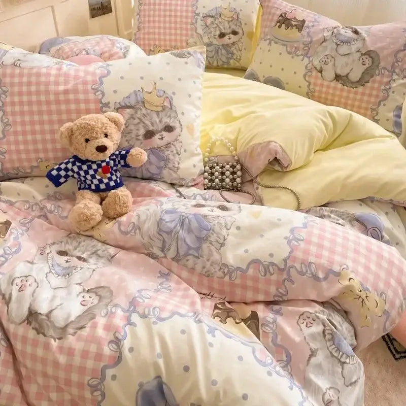 Pink floral lace cotton comforter set bedroom cozy cartoon printed