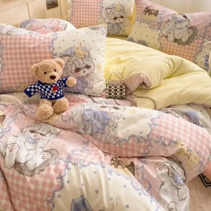 Pink floral lace cotton comforter set bedroom cozy cartoon printed