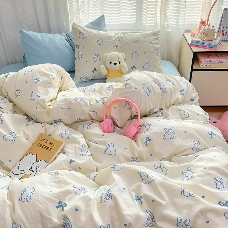 Pink floral lace cotton comforter set bedroom cozy cartoon printed