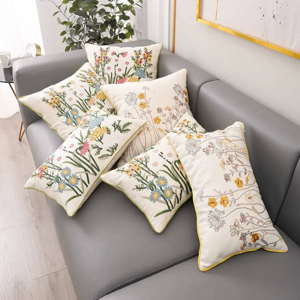 Pink flower farmhouse cushion cover cream embroidered living room