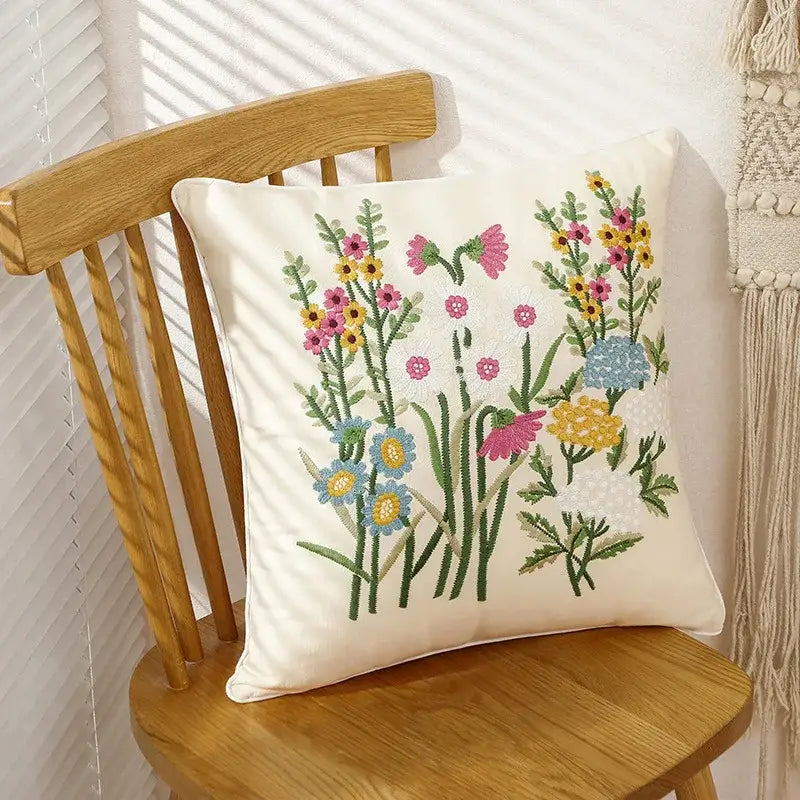 Pink flower farmhouse cushion cover cream embroidered living room