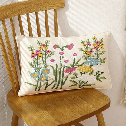 Pink flower farmhouse cushion cover cream embroidered living room