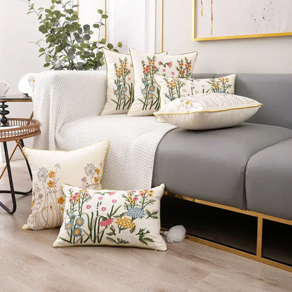 Pink flower farmhouse cushion cover cream embroidered living room