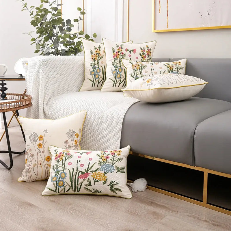 Pink flower farmhouse cushion cover cream embroidered living room