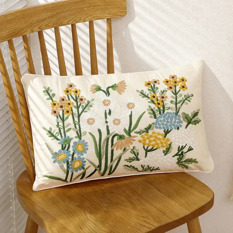 Pink flower farmhouse cushion cover cream embroidered living room