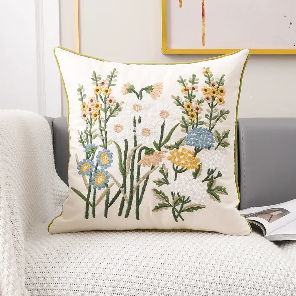 Pink flower farmhouse cushion cover cream embroidered living room