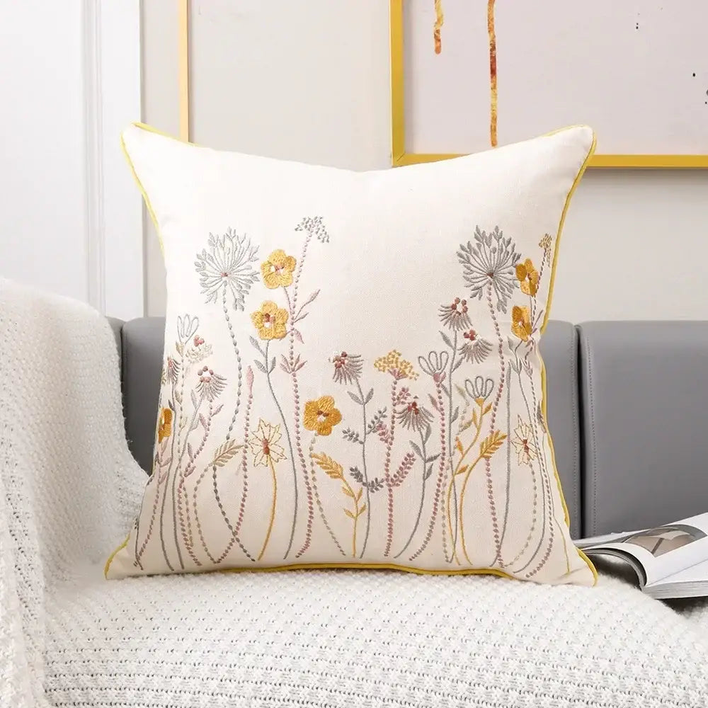 Pink flower farmhouse cushion cover cream embroidered living room
