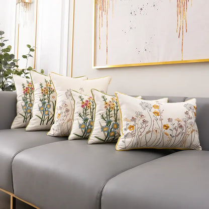 Pink flower farmhouse cushion cover cream embroidered living room