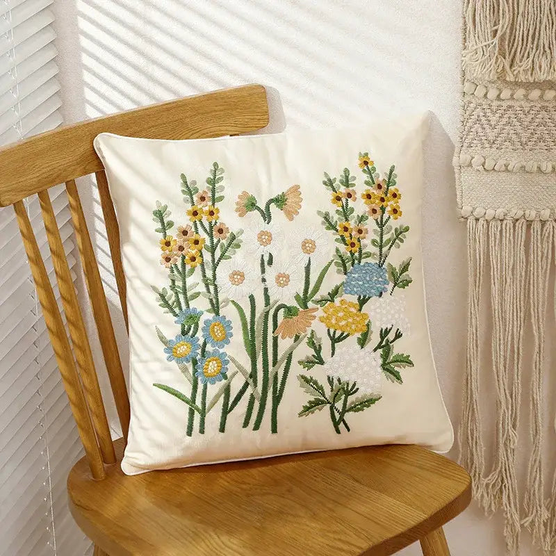 Pink flower farmhouse cushion cover cream embroidered living room