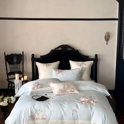 Pink flowers embroidery bedding set pink & gray satin bedroom duvet