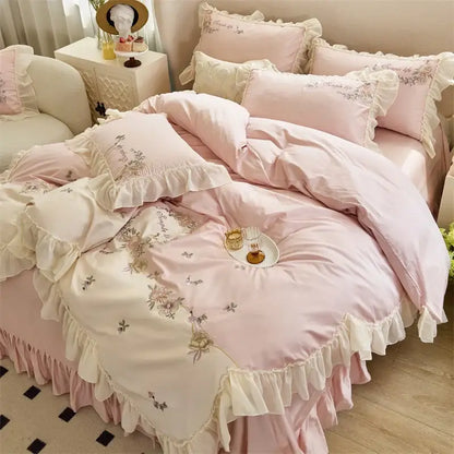 Pink flowers lace ruffles bedding set bedroom egyptian cotton