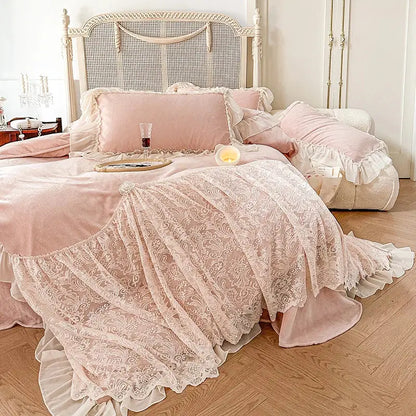Pink french lace ruffles velvet bedding set bedroom decor