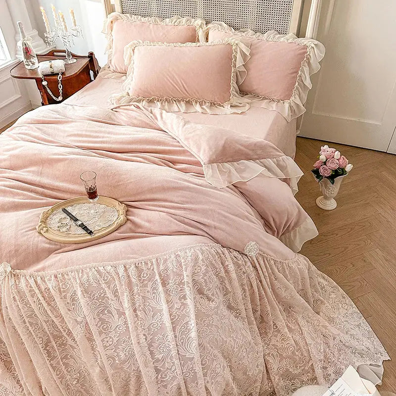 Pink french lace ruffles velvet bedding set bedroom decor