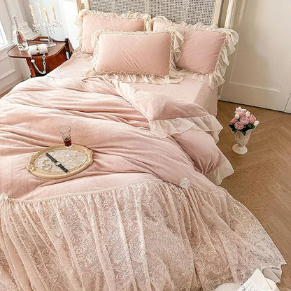 Pink french lace ruffles velvet bedding set bedroom decor