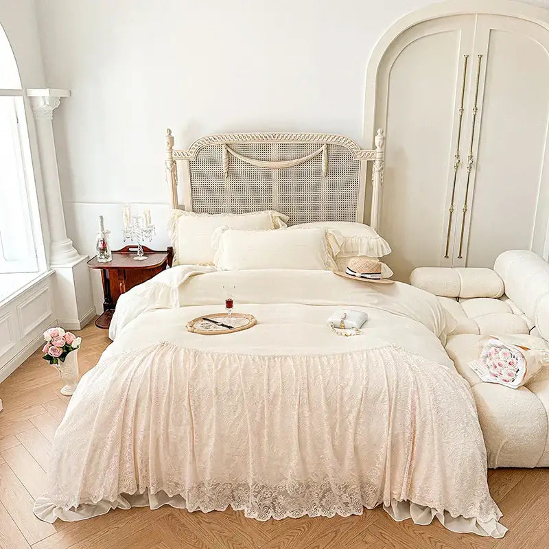 Pink french lace ruffles velvet bedding set bedroom decor