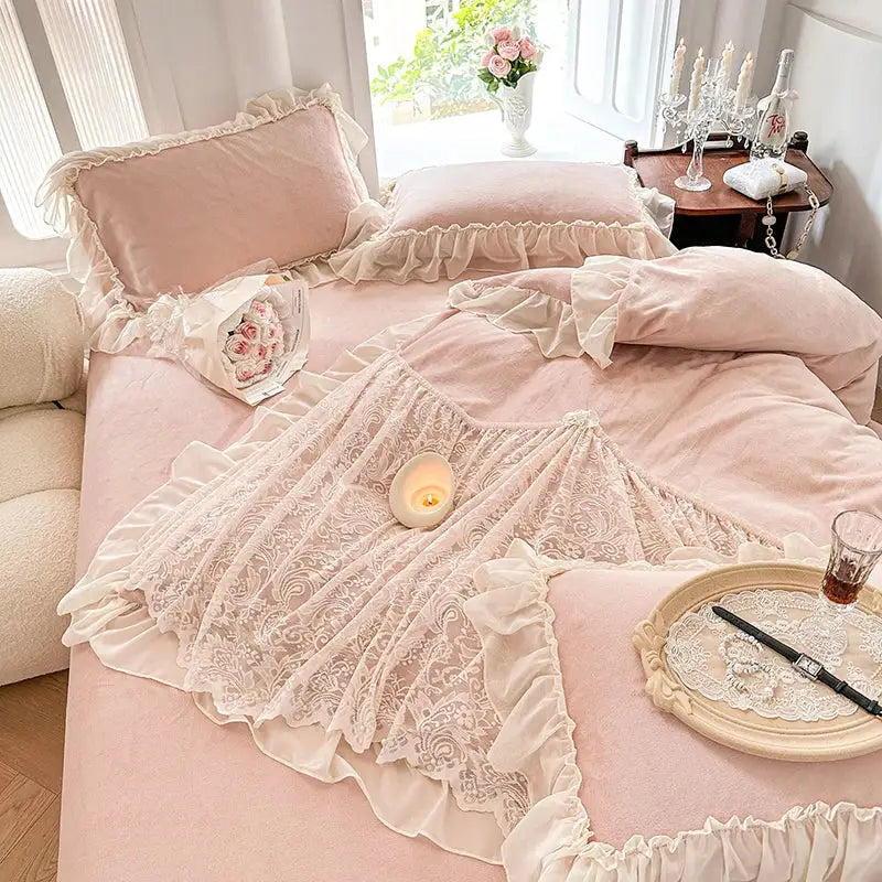 Pink french lace ruffles velvet bedding set bedroom decor