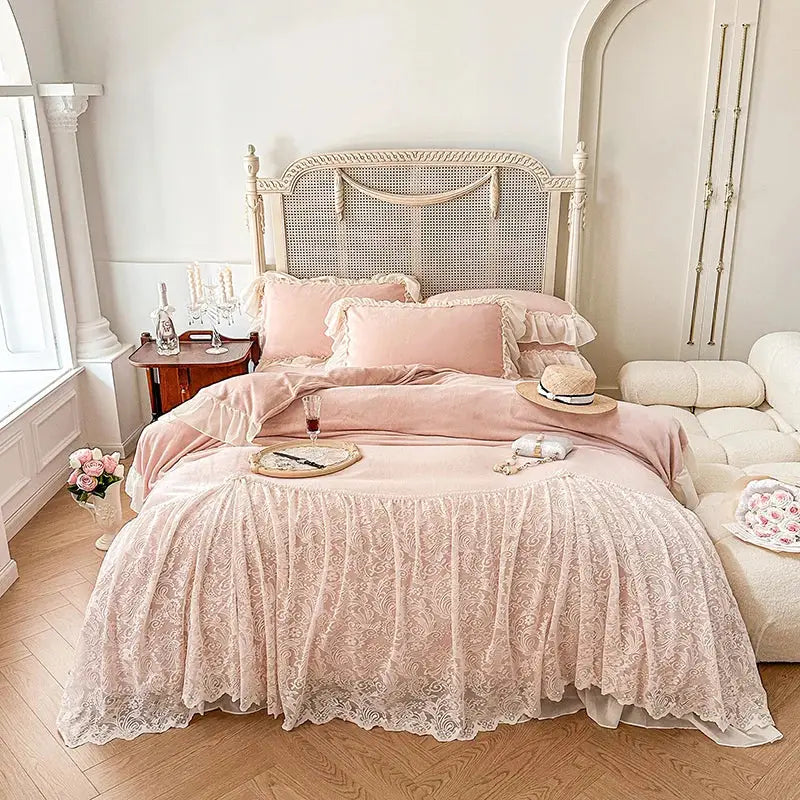 Pink french lace ruffles velvet bedding set bedroom decor