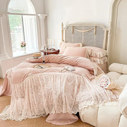 Pink french lace ruffles velvet bedding set bedroom decor