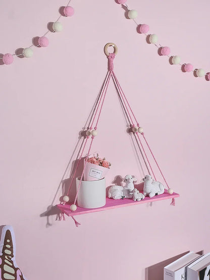 DecorBites™ Pink/Green Wooden Wall Shelf for Kids Room