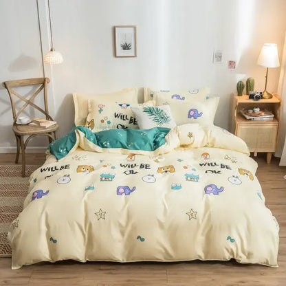 Pink heart cartoon print bedding set bedroom satin finish duvet cover