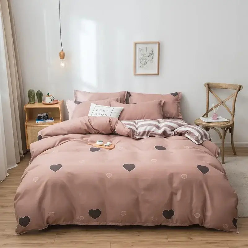 Pink heart cartoon print bedding set bedroom satin finish duvet cover