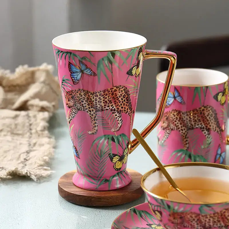 Pink jungle animals bone china teacup and saucer set dining room