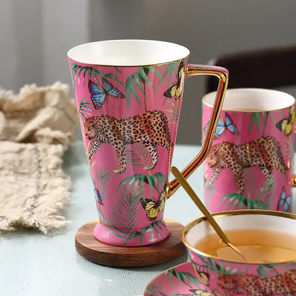 Pink jungle animals bone china teacup and saucer set dining room