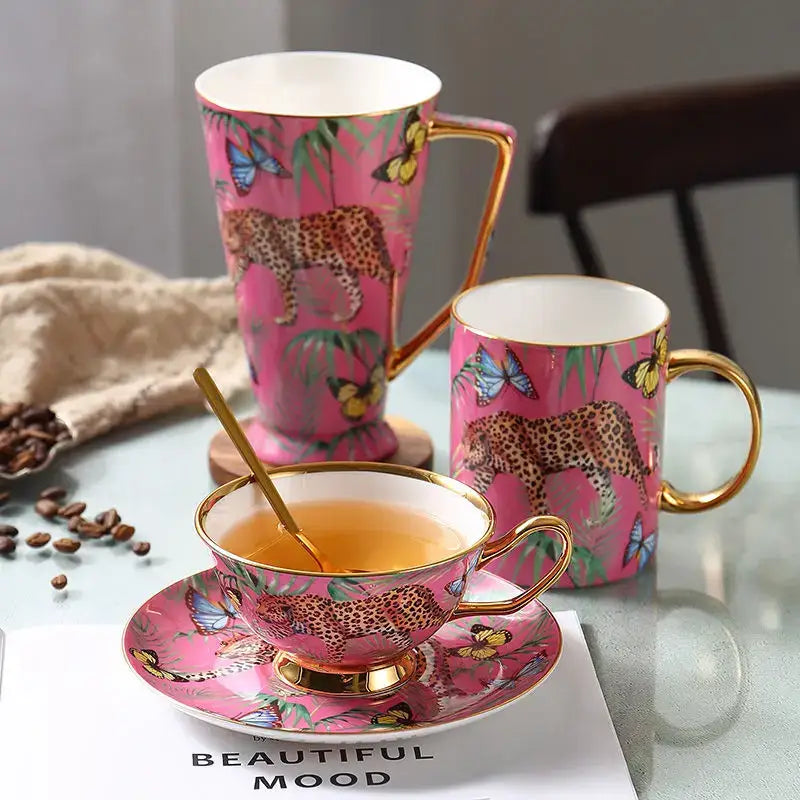 Pink jungle animals bone china teacup and saucer set dining room