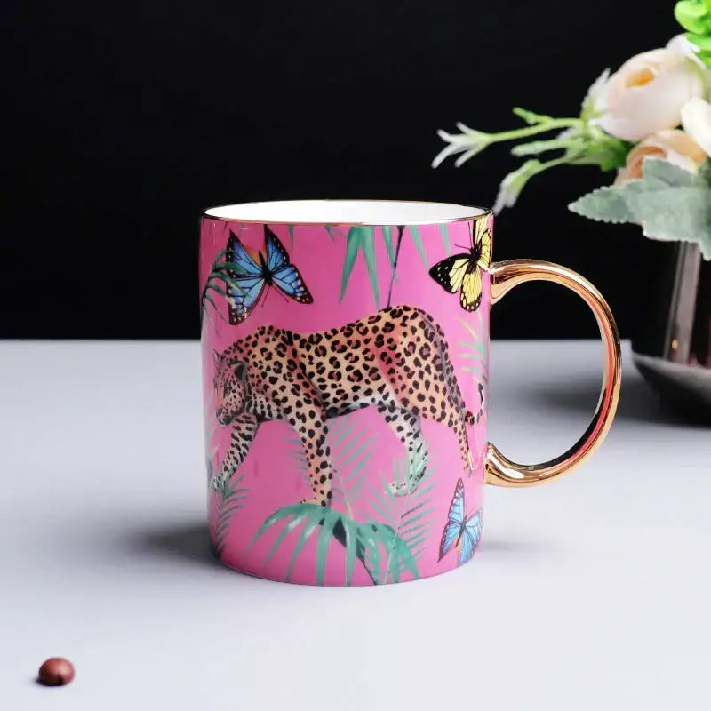 Pink jungle animals bone china teacup and saucer set dining room