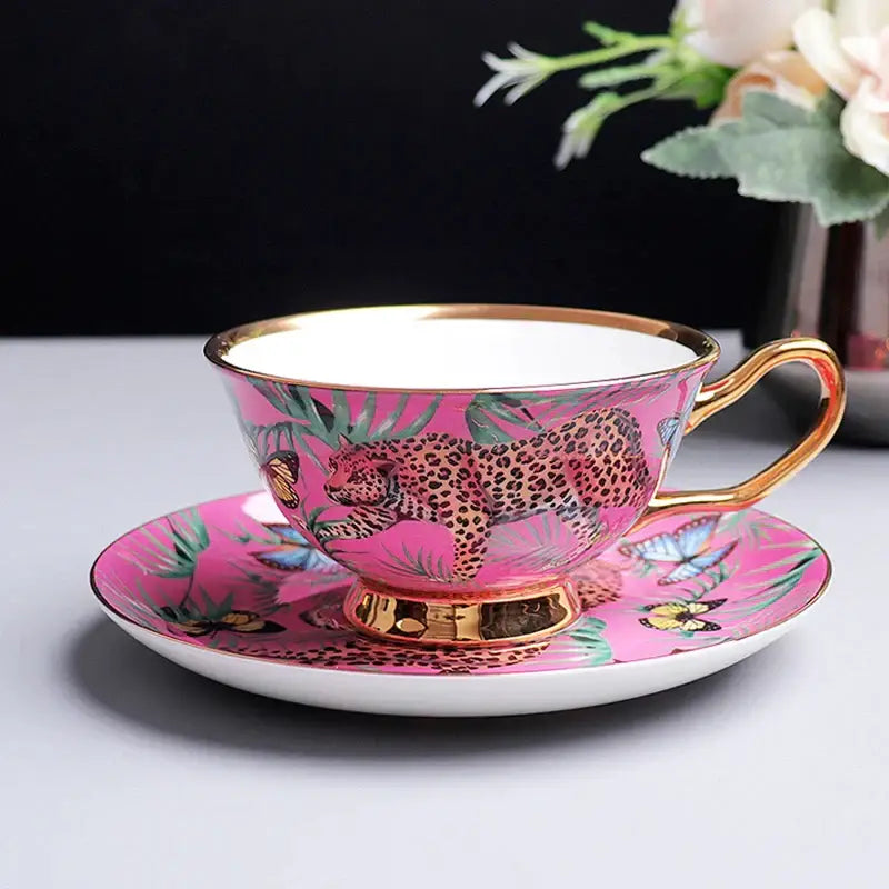 Pink jungle animals bone china teacup and saucer set dining room