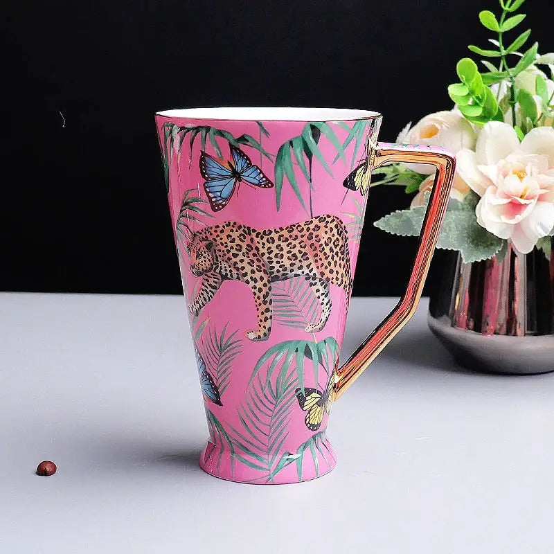 Pink jungle animals bone china teacup and saucer set dining room