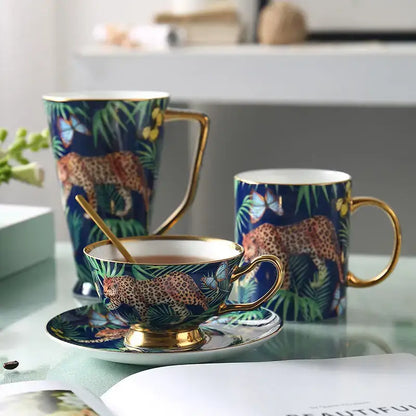 Pink jungle animals bone china teacup and saucer set dining room