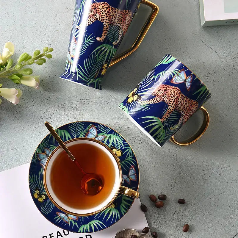 Pink jungle animals bone china teacup and saucer set dining room